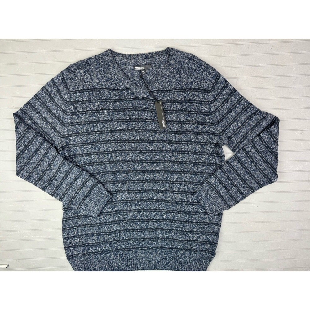 Commerce Size 2XL Mens Sweater Pullover Blue Stripe Long Sleeve